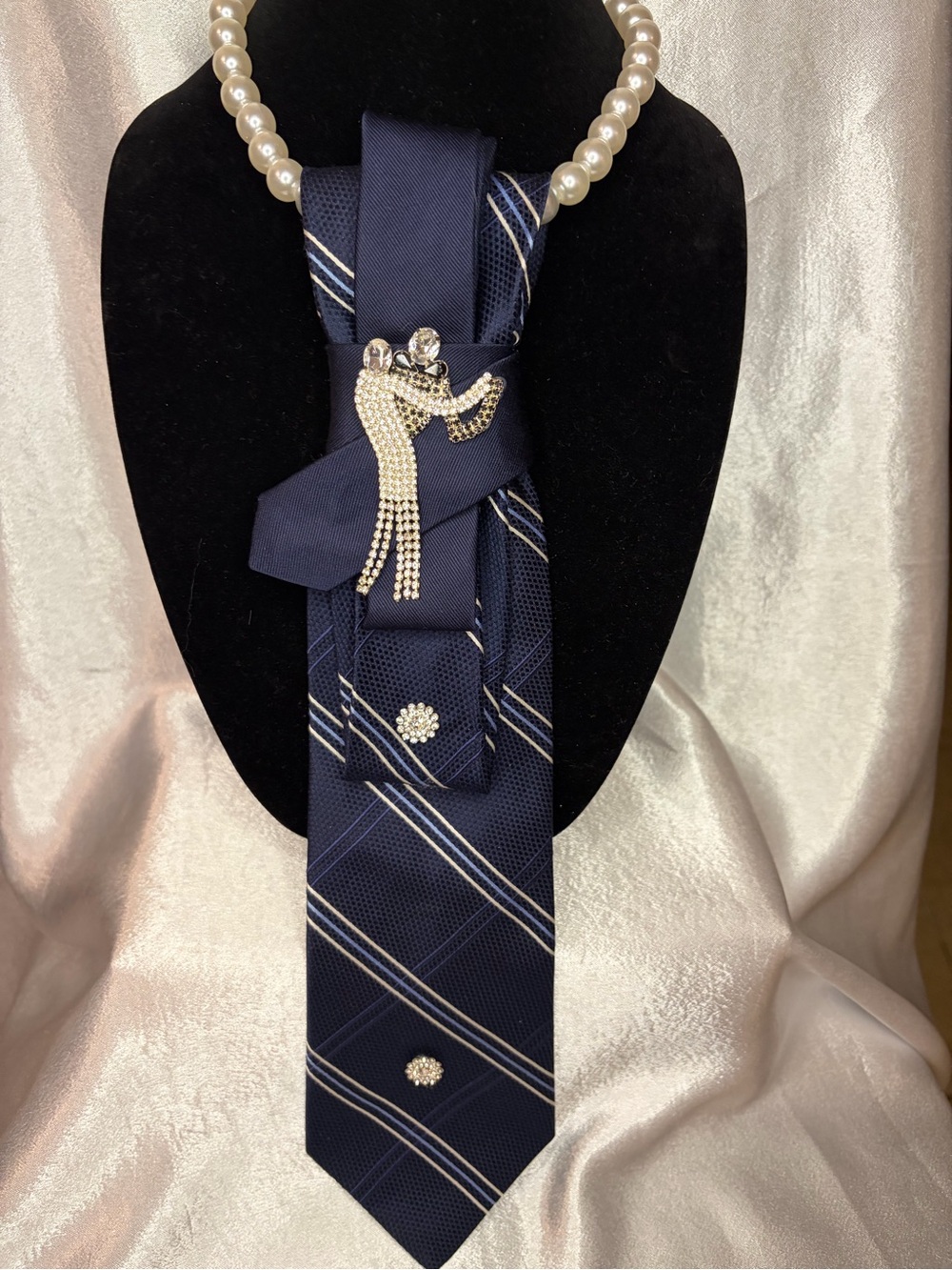 Tie - Tommy Hilfiger Navy Blue Diagonal Stripe Tie with Crystal Accents